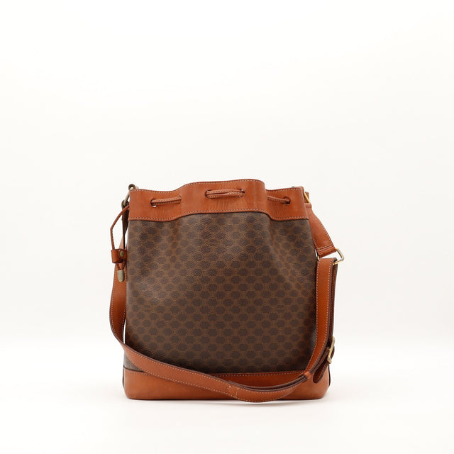 Face arrière sac seau Céline Macadam toile marron cuir cognac — AMANA Vintage