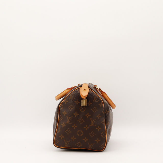 Vue de côté Louis Vuitton Speedy 30 toile Monogramme marron — AMANA Vintage