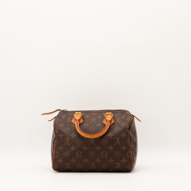 Détail anses cuir vachette patine caramel Louis Vuitton Speedy 25 — AMANA Vintage