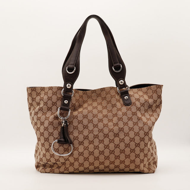 Tote Bag Gucci toile monogrammée beige marron vue de face occasion authentique — AMANA Vintage