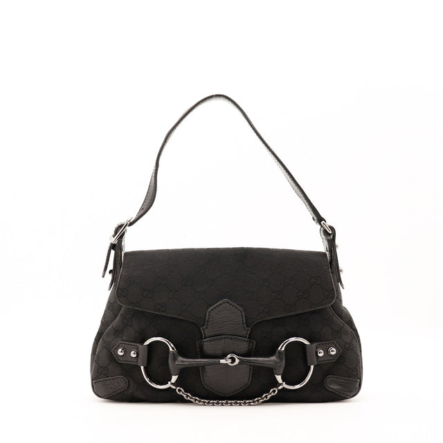 Sac Gucci Horsebit Hobo toile monogrammée noire vue de face occasion authentique — AMANA Vintage