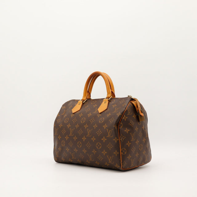 Louis Vuitton Speedy 30 vue trois quarts patine vachette caramel — AMANA Vintage
