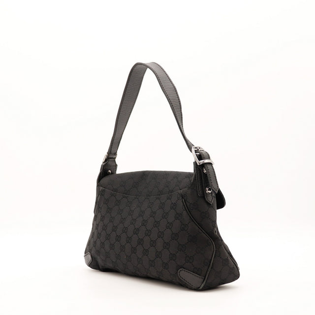 Vue de trois quarts arrière Gucci Horsebit Hobo noir anse cuir — AMANA Vintage