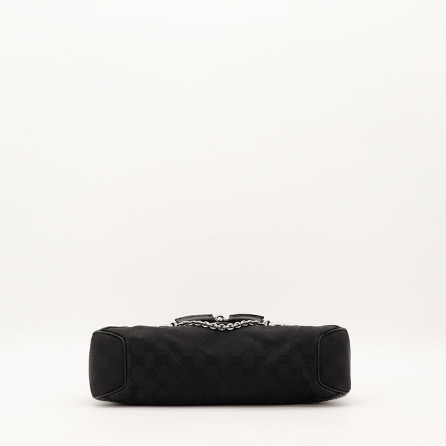 Vue de dessous sac Gucci Horsebit Hobo noir toile monogrammée — AMANA Vintage