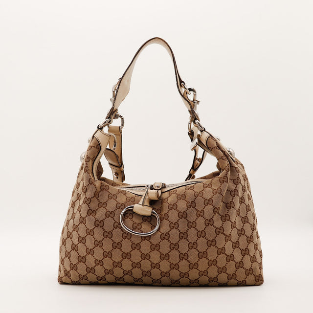 Hobo Gucci toile monogrammée beige D-Ring argenté vue de face occasion authentique — AMANA Vintage