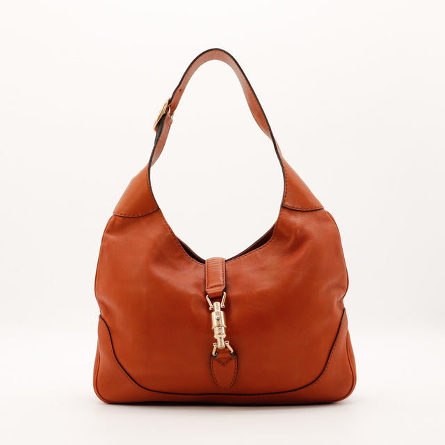 Sac Gucci New Jackie cuir cognac vue de face fermoir piston occasion authentique — AMANA Vintage