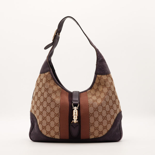Sac Gucci New Jackie toile monogrammée beige cuir prune vue de face occasion authentique — AMANA Vintage