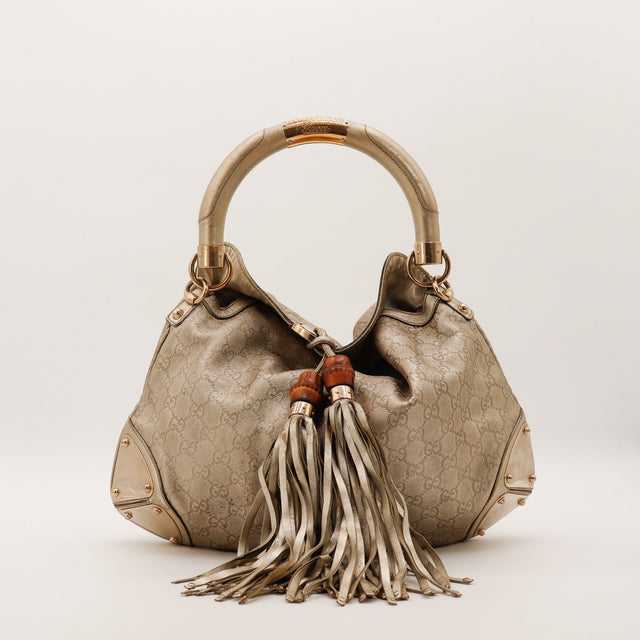 Gucci Indy Hobo cuir monogrammé métallisé bronze vue de face occasion authentique — AMANA Vintage
