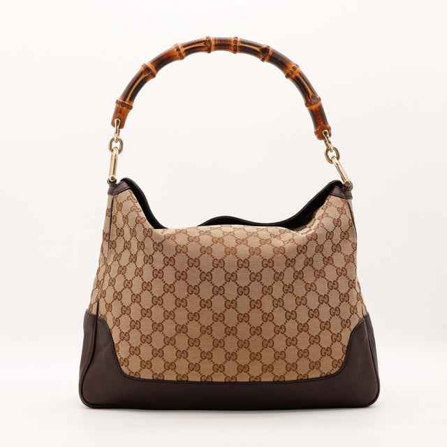 Sac Gucci Hobo Bambou toile monogrammée cuir chocolat vue de face occasion authentique — AMANA Vintage