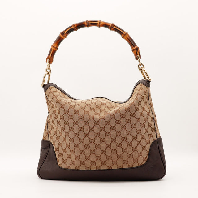 Sac Gucci Hobo Bambou vue de trois quarts côté gauche cuir grainé chocolat — AMANA Vintage