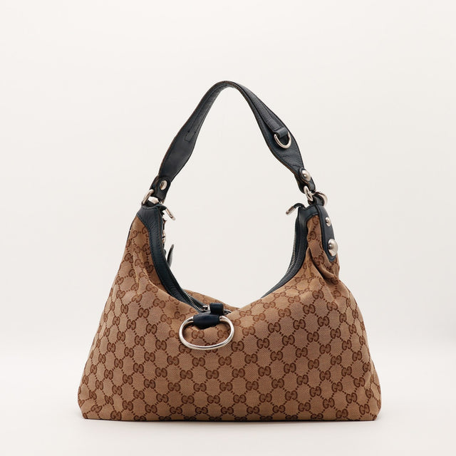Hobo Gucci toile monogrammée et cuir bleu marine vue de face occasion authentique — AMANA Vintage