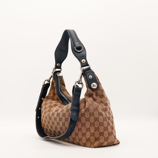 Hobo Gucci vue de trois quarts dos cuir grainé bleu marine — AMANA Vintage