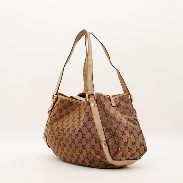 Hobo Gucci toile monogrammée beige vue de trois quarts droit — AMANA Vintage