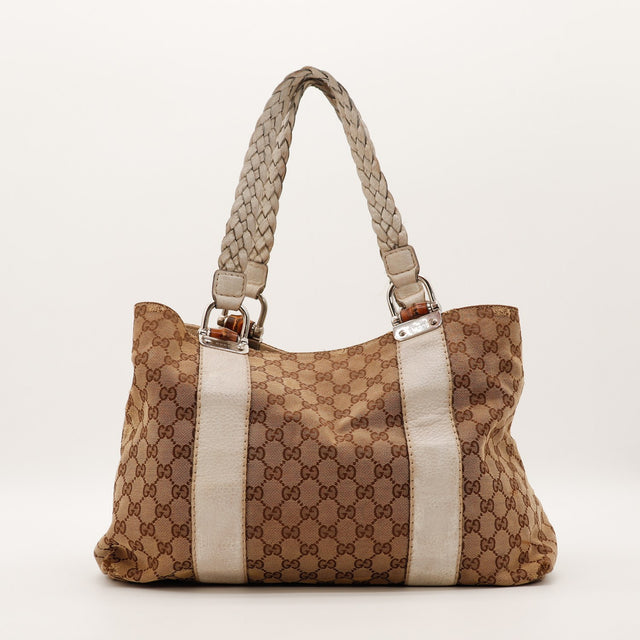 Tote Bag Bambou Gucci toile monogrammée beige anses tressées ivoire vue de face occasion — AMANA Vintage