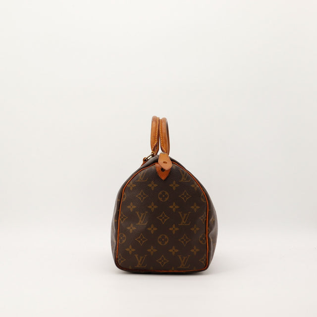 Louis Vuitton Speedy 30 profil gauche toile Monogram patine caramel — AMANA Vintage