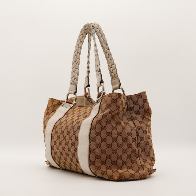 Vue de trois quarts arrière Tote Bag Bambou Gucci anses tressées usure visible — AMANA Vintage