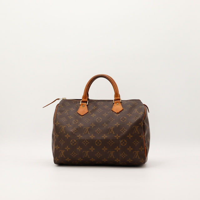 Vue de face Louis Vuitton Speedy 30 Monogram anses vachette patine caramel — AMANA Vintage
