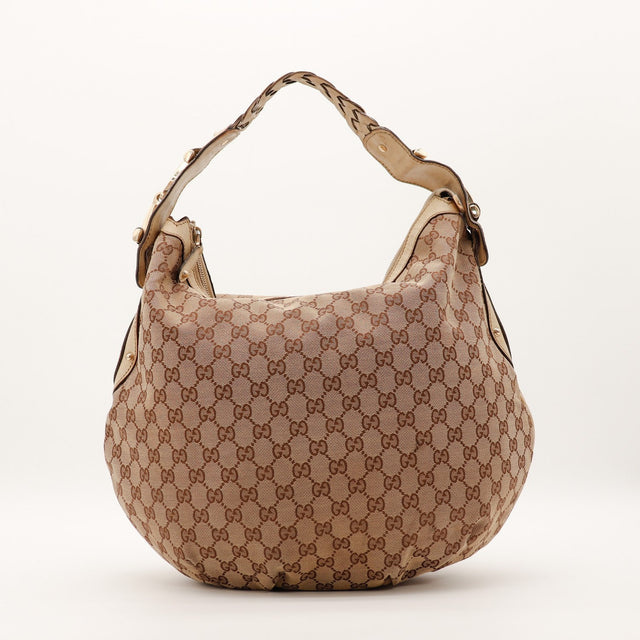 Hobo Gucci toile monogrammée cuir ivoire anse tressée vue de face occasion authentique — AMANA Vintage