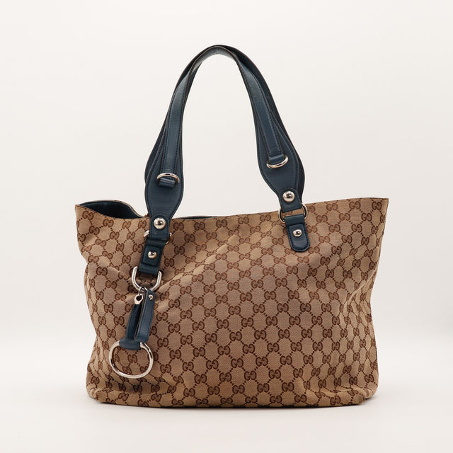 Tote Bag Gucci toile monogrammée cuir bleu marine vue de face occasion authentique — AMANA Vintage