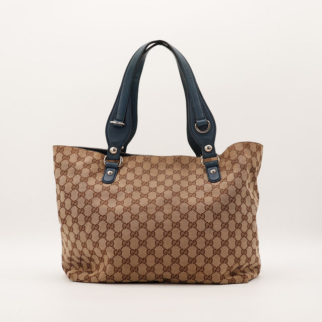 Tote Bag Gucci vue de dos toile monogrammée beige cuir bleu marine — AMANA Vintage