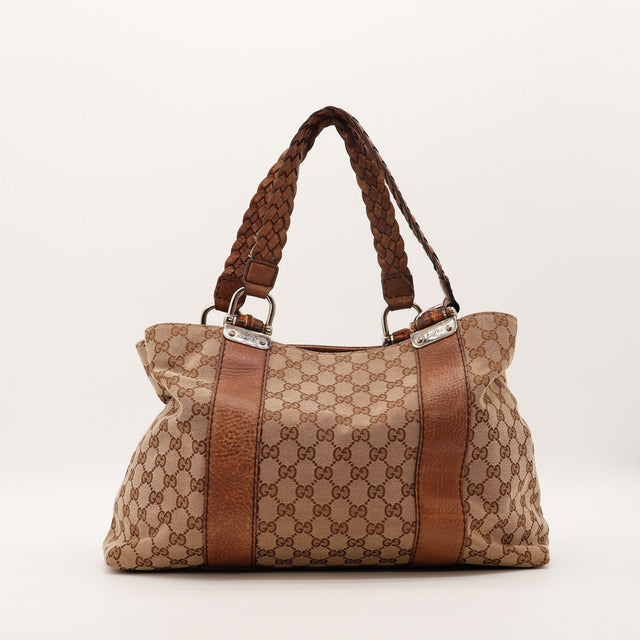 Tote Bag Bambou Gucci toile monogrammée beige anses tressées vue de face occasion authentique — AMANA Vintage