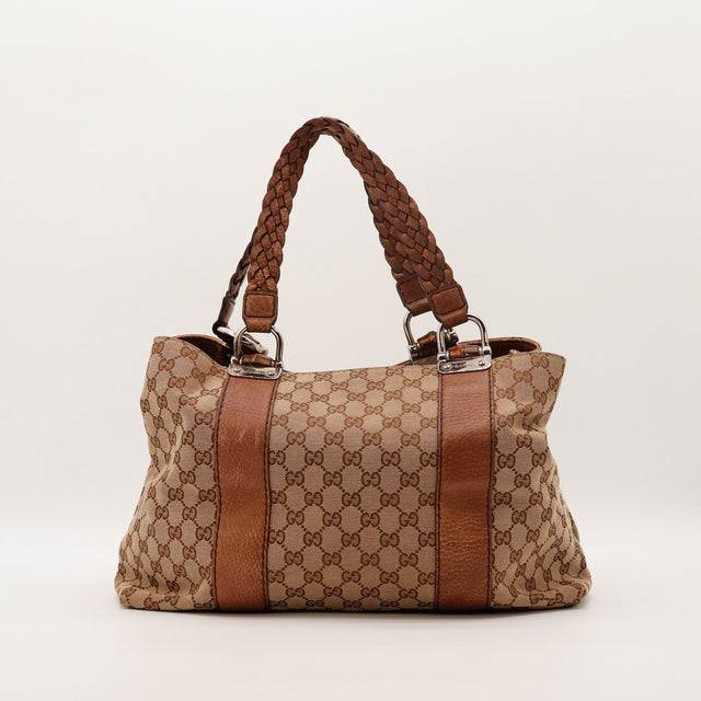Tote Bag Bambou Gucci vue de face arrière toile monogrammée cuir grené — AMANA Vintage