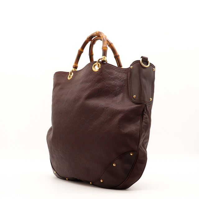 Vue de trois-quarts arrière Tote Bag Bambou Gucci bandoulière amovible incluse — AMANA Vintage