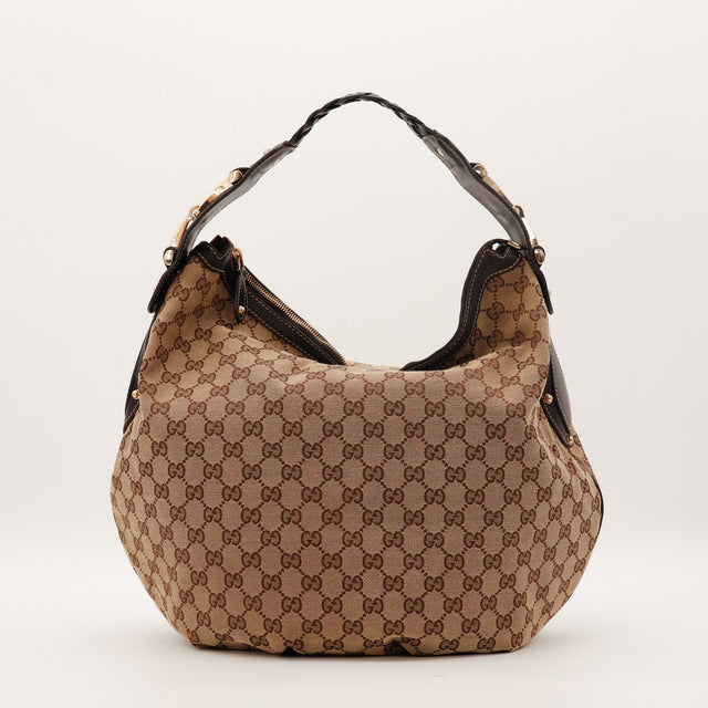 Hobo Gucci toile monogrammée beige marron vue de face occasion authentique — AMANA Vintage