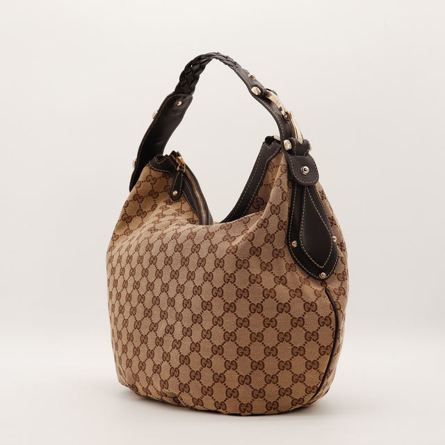Vue de profil Hobo Gucci toile monogrammée anse tressée cuir marron — AMANA Vintage