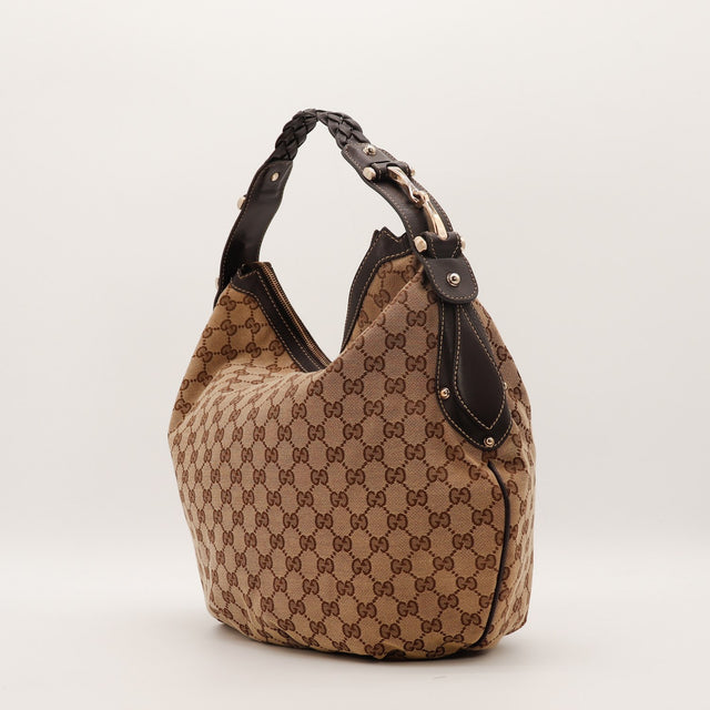 Vue de profil gauche Hobo Gucci cuir marron foncé rivets dorés — AMANA Vintage