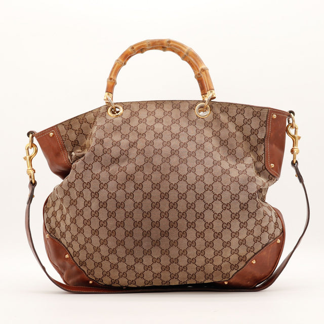 Vue de dos Tote Bag Bambou Gucci toile monogrammée beige marron — AMANA Vintage