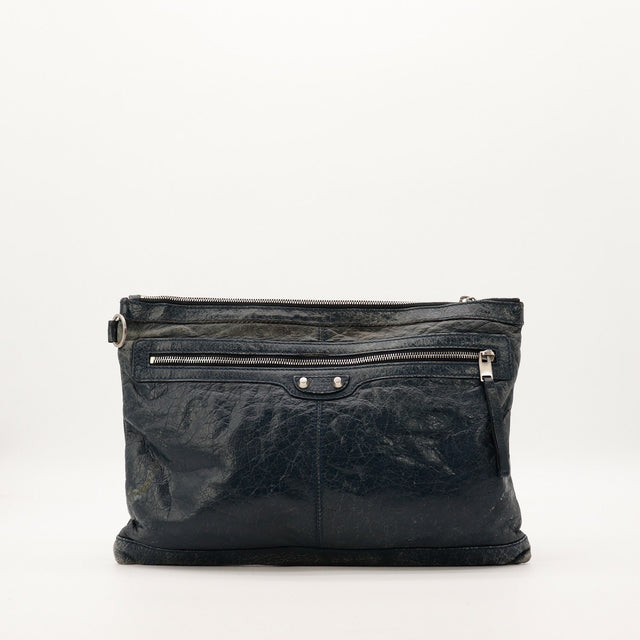 Pochette Clutch Balenciaga cuir agneau bleu nuit vue de face occasion authentique — AMANA Vintage
