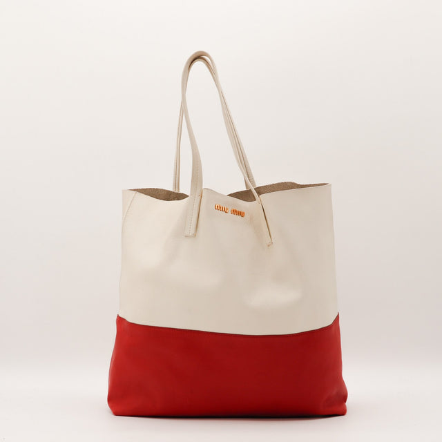 Sac Miu Miu Shopping Tote cuir de chèvre blanc cassé et rouge vue de face occasion authentique — AMANA Vintage