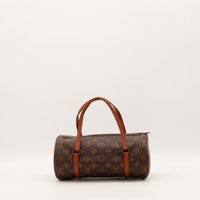 Vue de côté Louis Vuitton Papillon 26 forme cylindrique marron occasion authentique — AMANA Vintage