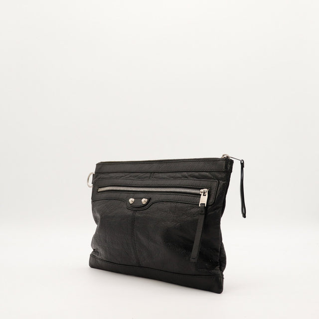 Pochette Balenciaga City Clip cuir noir vue de trois quarts occasion — AMANA Vintage