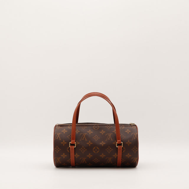 Vue de côté Louis Vuitton Papillon 26 forme cylindrique Monogram — AMANA Vintage