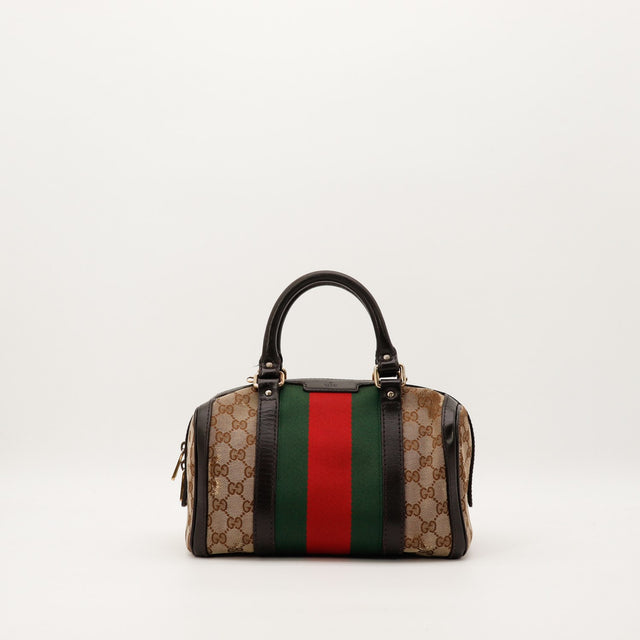 Sac Gucci Boston Joy Web toile GG canvas beige noir vue de face occasion authentique — AMANA Vintage