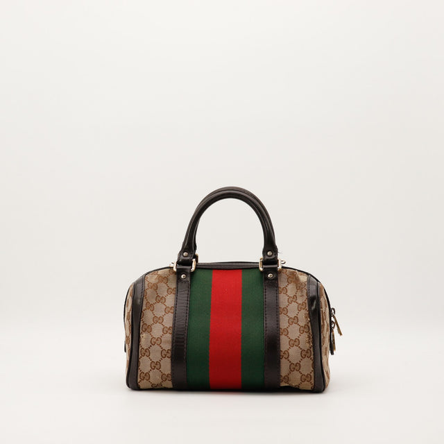 Sac Gucci Boston Joy Web vue de face arrière bande Web vert rouge occasion authentique — AMANA Vintage