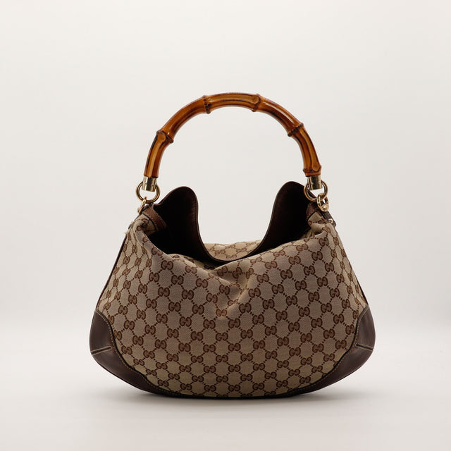 Sac Gucci Hobo Bambou canvas GG beige marron vue de face occasion authentique — AMANA Vintage