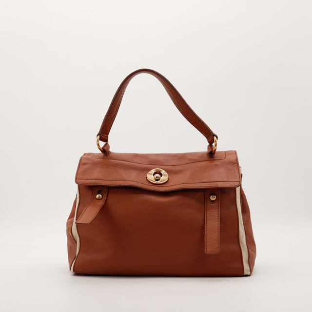 Sac Yves Saint Laurent Muse cuir grainé marron et toile ivoire vue de face occasion authentique — AMANA Vintage