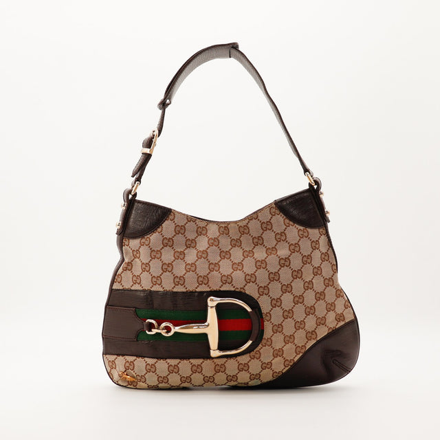Sac Gucci Hobo Horsebit toile GG Canvas beige marron vue de face occasion authentique — AMANA Vintage