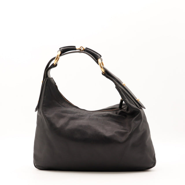 Vue de face Gucci Hobo Horsebit cuir lisse noir occasion authentique — AMANA Vintage