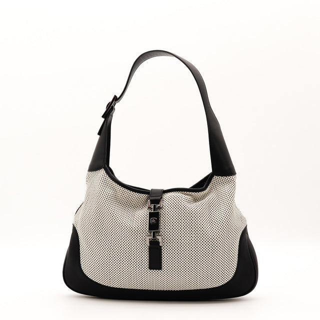 Vue de face Gucci Jackie cuir perforé blanc et noir occasion authentique — AMANA Vintage