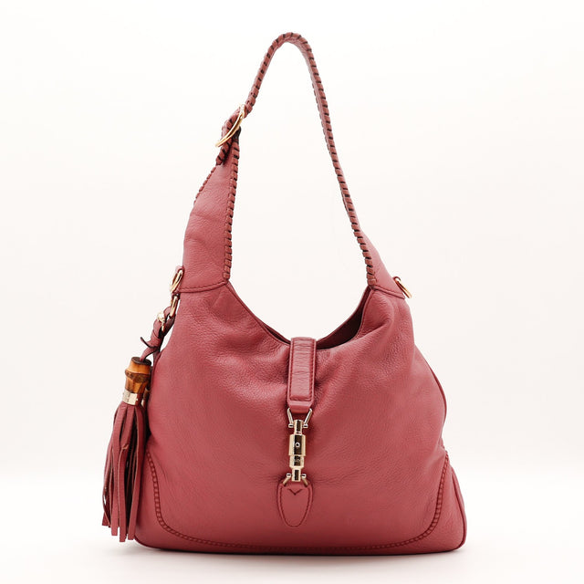Vue de face Gucci New Jackie cuir de cerf grainé rose occasion authentique — AMANA Vintage