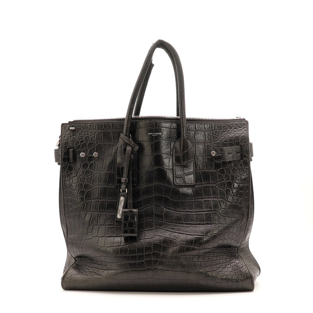 Vue de face Saint Laurent Sac de Jour Souple cuir embossé façon crocodile noir occasion authentique — AMANA Vintage
