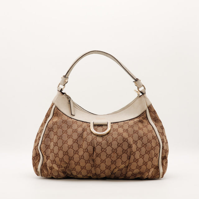 Hobo Gucci toile monogrammée cuir ivoire anneau D doré vue de face occasion authentique — AMANA Vintage