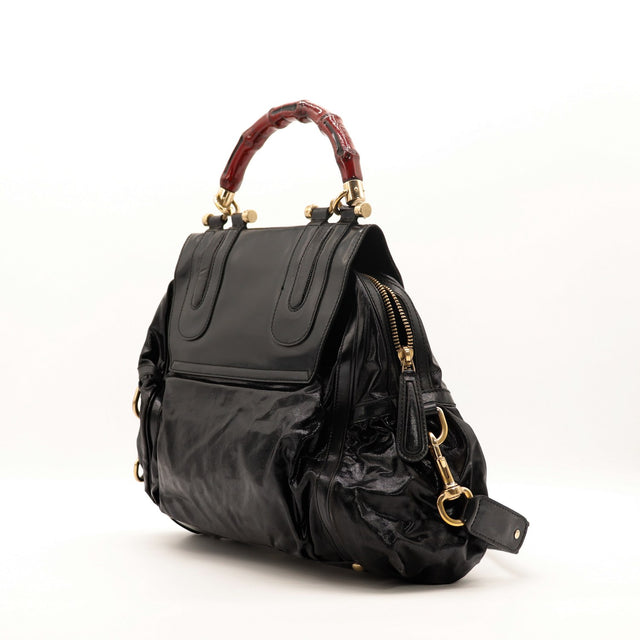 Tote Bag Bambou Gucci noir vue de trois quarts côté zip — AMANA Vintage