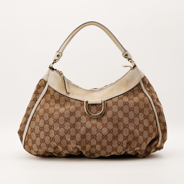 Sac Gucci D-Ring Hobo toile GG Canvas beige cuir ivoire vue de face occasion authentique — AMANA Vintage