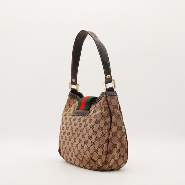 Vue de côté gauche Hobo Web Gucci cuir marron foncé bande Web — AMANA Vintage