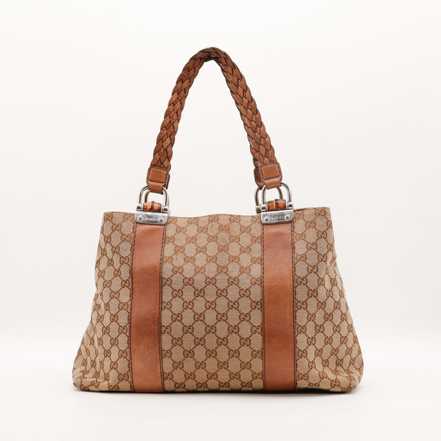 Tote Bag Bambou Gucci vue arrière toile monogrammée bandes cuir marron — AMANA Vintage